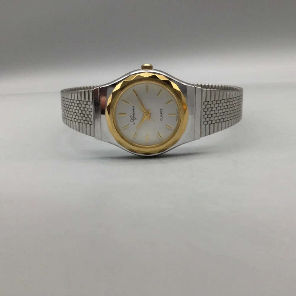 Ajawra Womens Watch 23mm White Dial Two Tone Bracelet Swiss New Battery